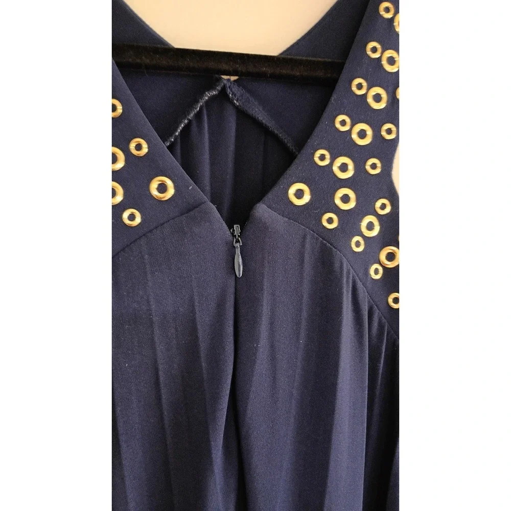 Michael Kors Womens Navy Blue Pleated Maxi Dress Gold Studded Halter Neck Size M